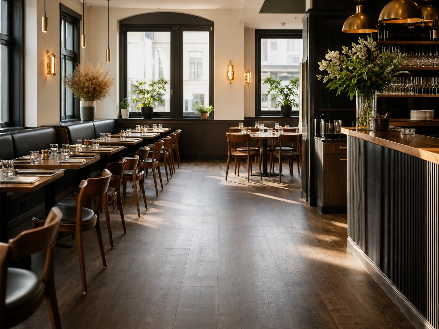 Gepflegter Gastraum eines größeren Restaurants vor der Öffnung