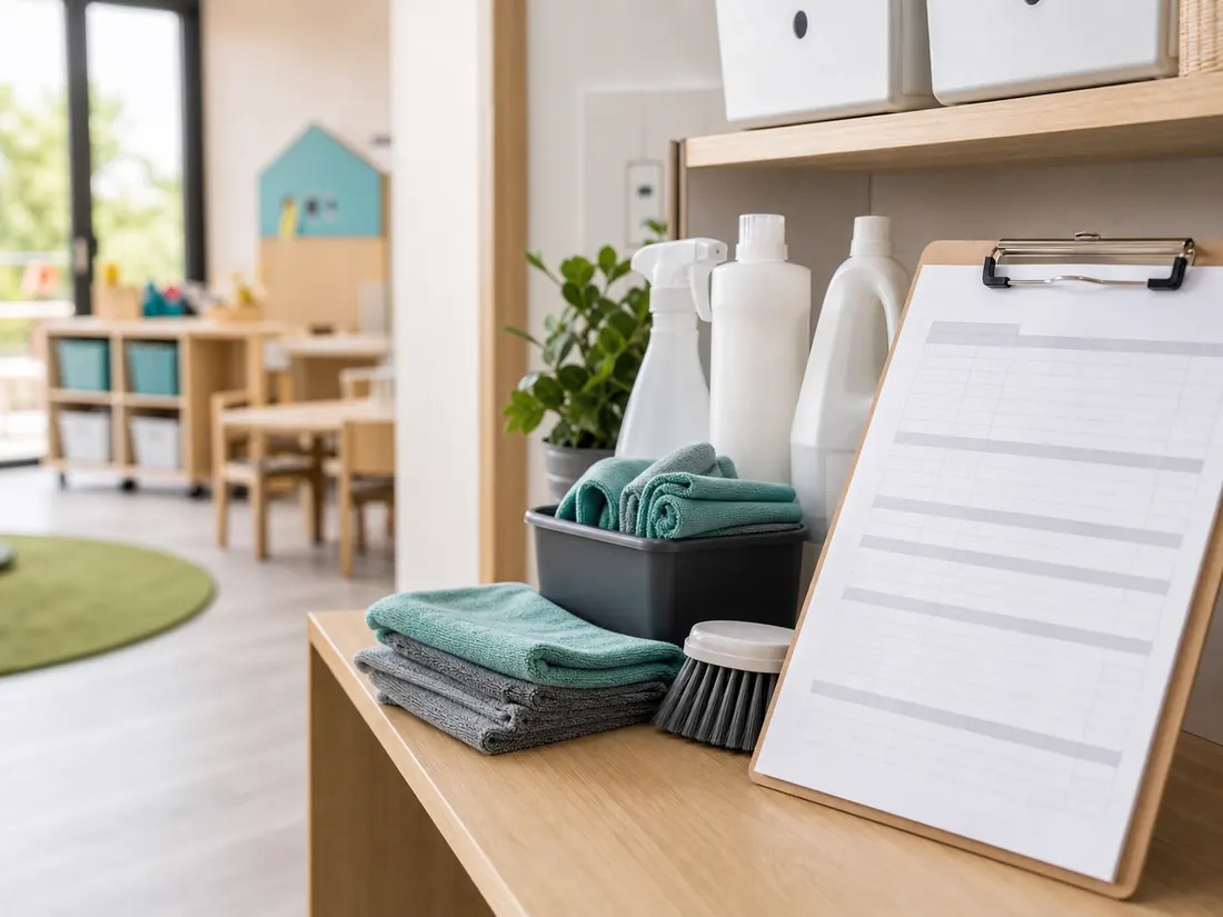 Hygieneplan und Reinigungsutensilien für Kita-Reinigung